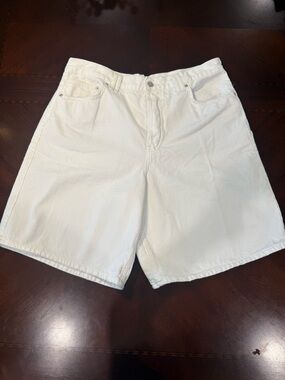 We the Free White Denim Shorts with Embossed Leather Waist Patch